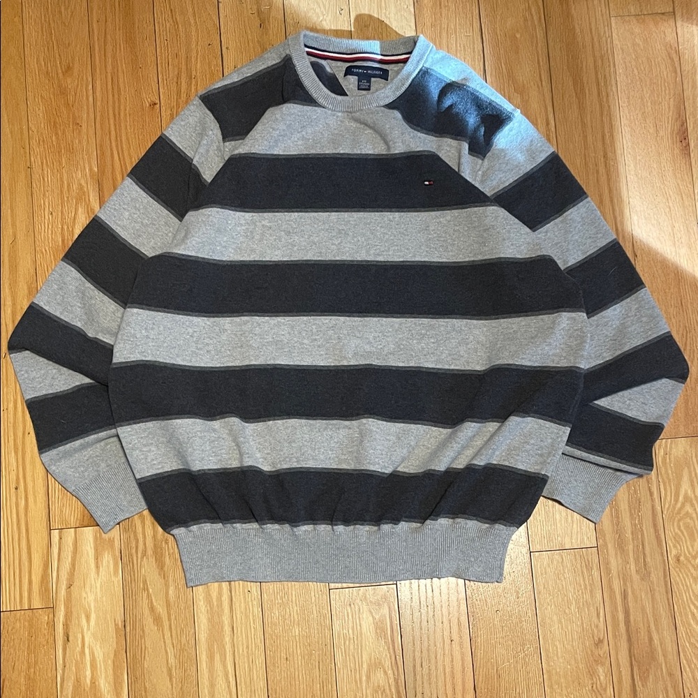 Tommy Hilfiger Gray and Black Striped Crewneck Sweater